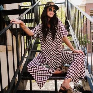 Checkered satin Dressed in Lala set mocha brown